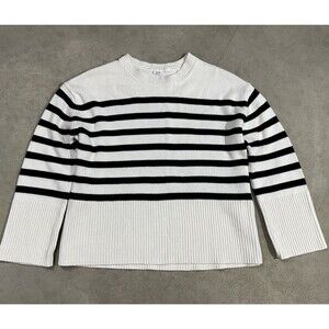 GAP Split Hem Crewneck Sweater Womens Small 100% Cotton Black Off-White Striped